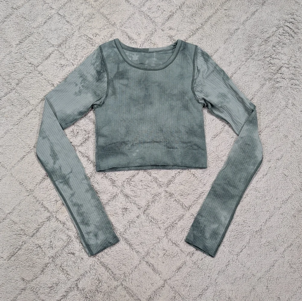 Lululemon Shirt Womens 2 Green Marble Dye Ebb To Street Long Sleeve Rib Crop